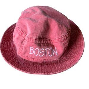 Boston Bucket Hat Distressed Red Cotton Canvas Embroidered "BOSTON" in White